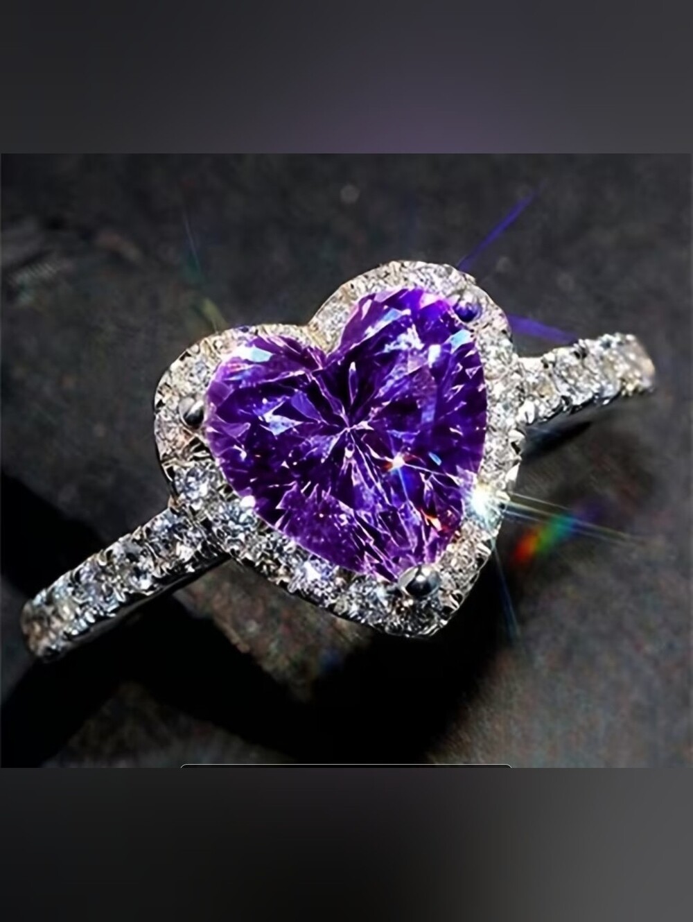 🆕️💜 Heart-Shaped Purple Gemstone Halo Ring - Sparkling Silver-Tone Band 💜